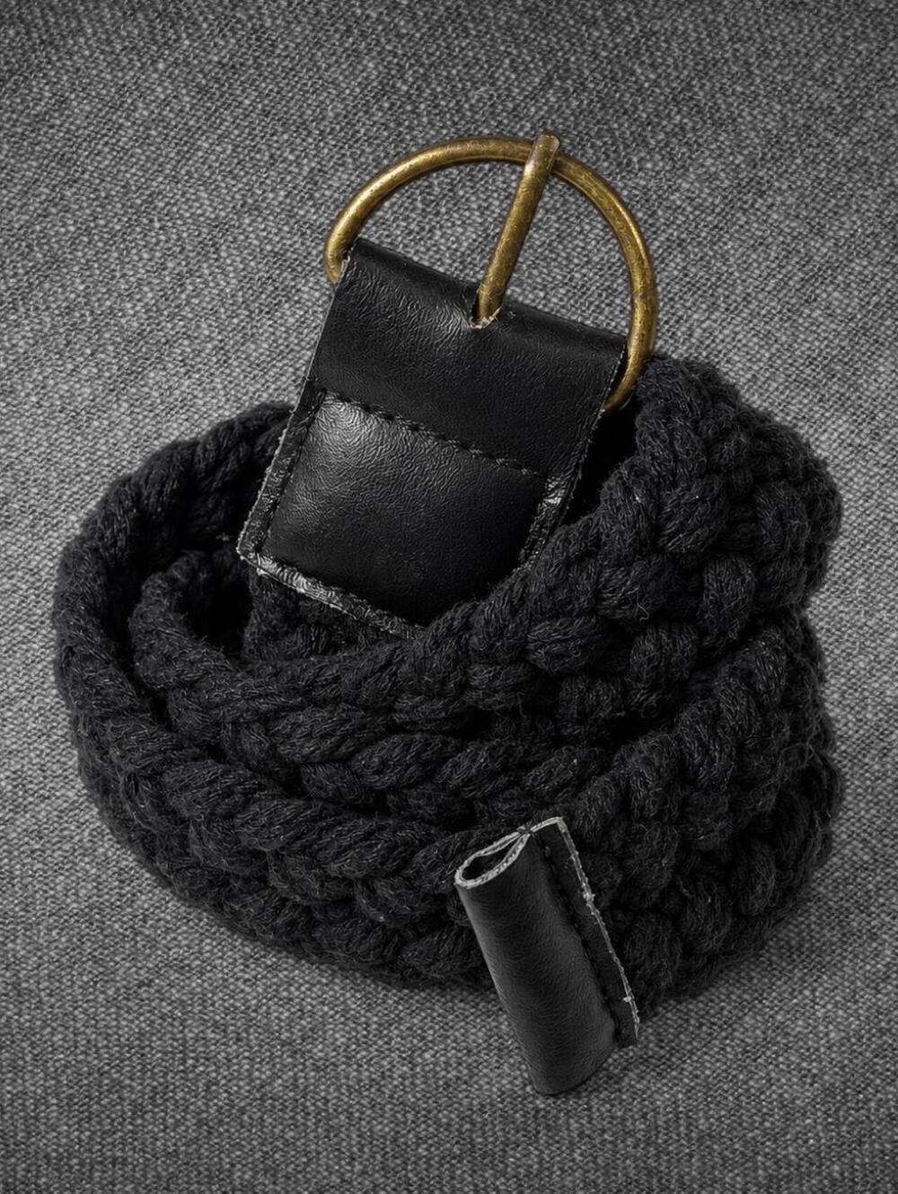 Black Braided Wide Waist Belt Gold Buckle Size 9